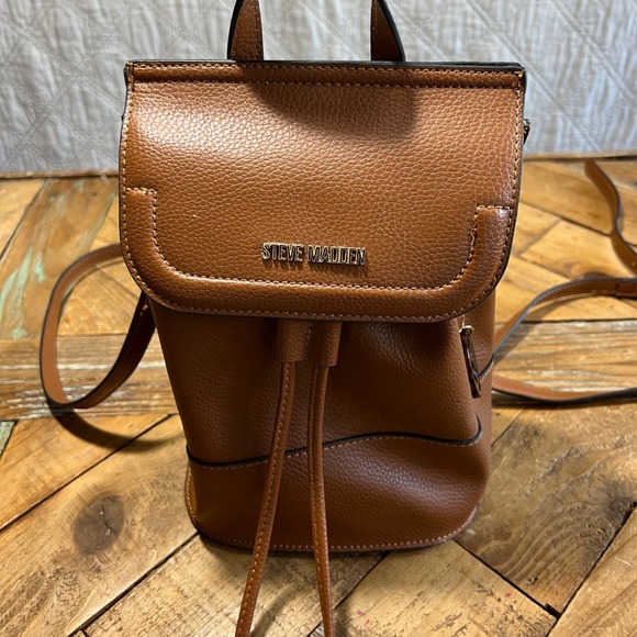 Steve Madden Mini Backpack Purse Brown Vegan Faux Leather Drawstring - Picture 1 of 12